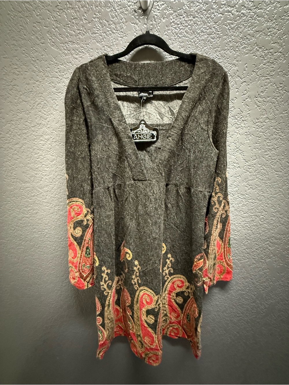 Angie Gray Long Sleeve V-Neck Tunic Dress with Coral Paisley Detail